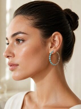 Western Turquoise Hoop Earrings Silver Boho Cowgirl 2” Statement Earrings Gift